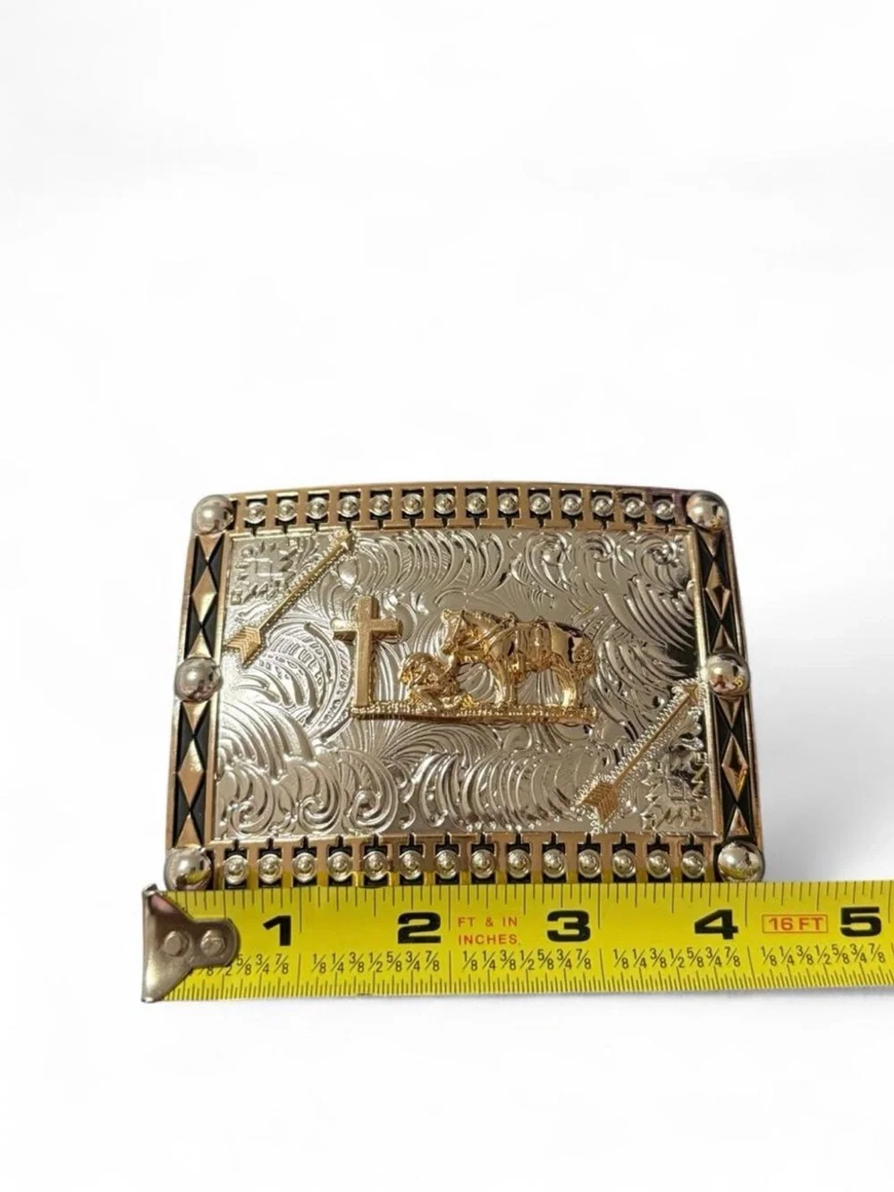 Silver & Gold Belt Buckle with Cross and Horse Design